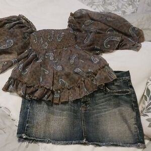 Paisley Off-Shoulder Top and Denim Skirt Set
